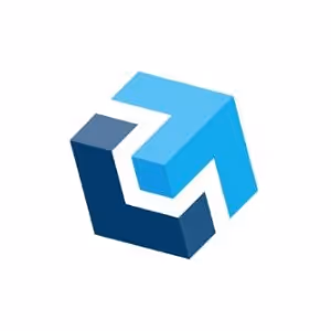 Blue and navy 3D geometric cube logo with interlocking shapes.
