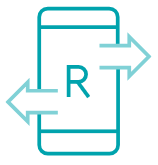 Smartphone icon with an R in the center and arrows pointing left and right.