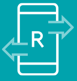Mobile phone icon with arrows pointing left and right and letter R in the center, on a teal background.