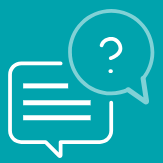 White chat bubble icon with horizontal lines and a question mark inside another chat bubble on a teal background.