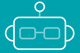 Simple white line drawing of a robot face with rectangular eyes, round ears, and an antenna on a teal background.