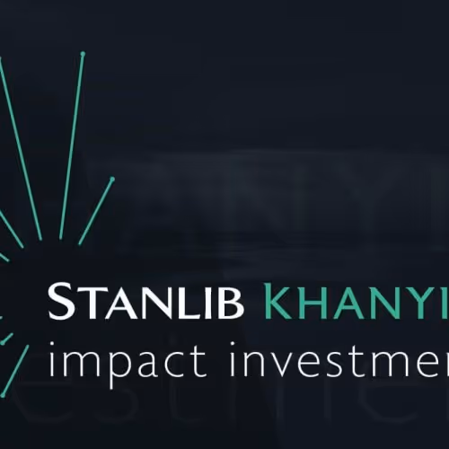 Logo design for Stanlib Khanyisa impact investments with stylized radiating lines on dark background.