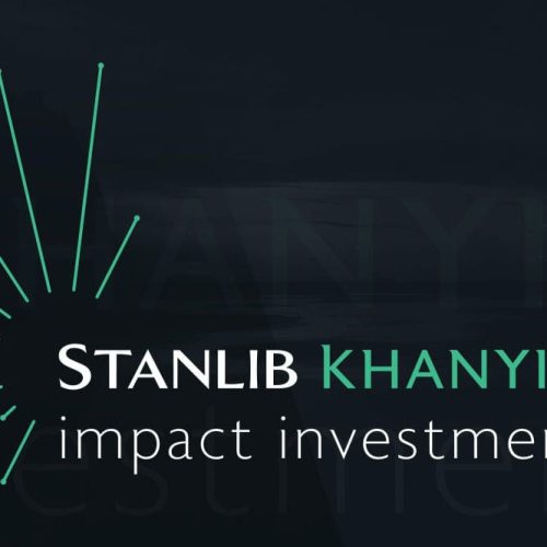 Logo design for Stanlib Khanyisa impact investments with stylized radiating lines on dark background.