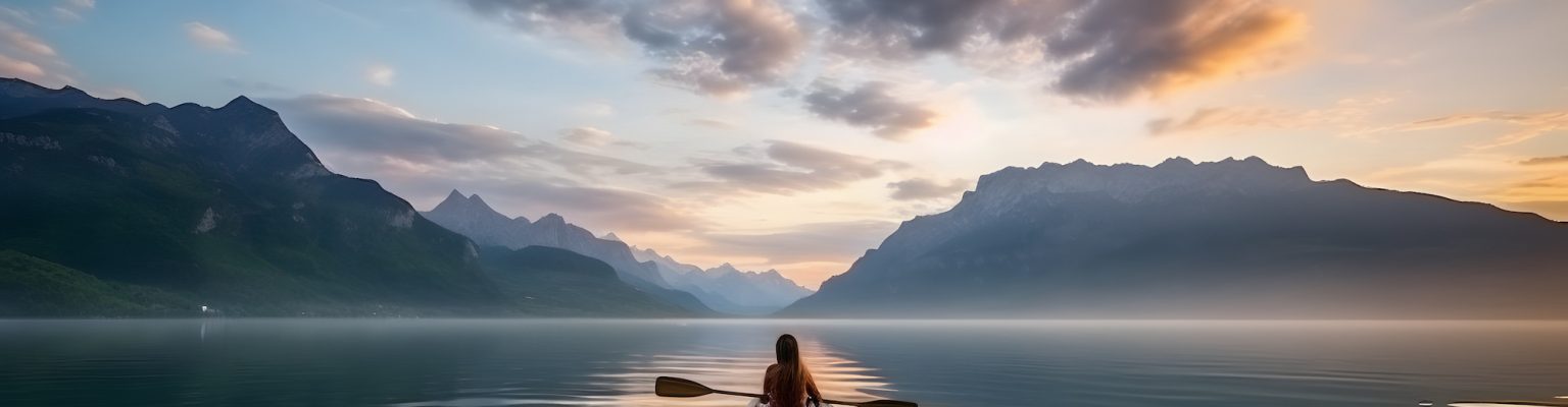 Young woman kayaking in crystal lake background alps mountains,amazing cloud sunset ai generated art. High quality photo