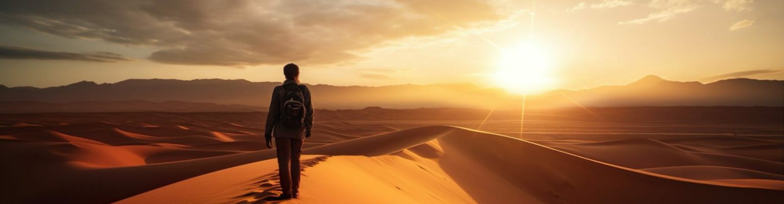 Hiker man walking in the desert sand dunes at sunset - Happy traveler with arms up enjoying freedom outside - Wanderlust, wellbeing, happiness and travel concept.